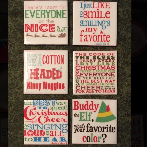 Other - Six”ELF”Themed handmade ceramic coasters. Each saying makes me giggle with joy!